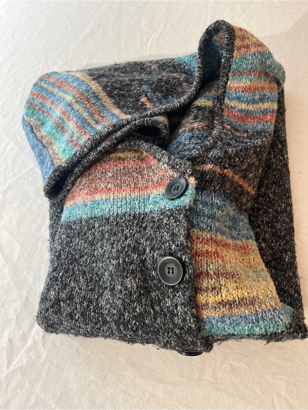 Style & Co. Charcoal Hooded Cardigan with Blue, Yellow & Pink Stripes